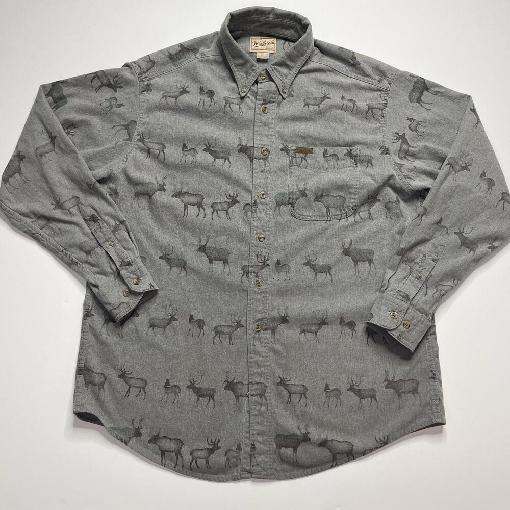 Woolrich Shirt Men's Size XL Elk Deer All Over Print Cotton Button Long Sleeve